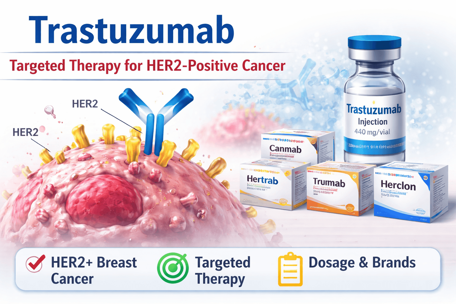 Trastuzumab 440mg injection feature image showing HER2 targeted therapy mechanism with cancer cell diagram and trastuzumab vial illustration
