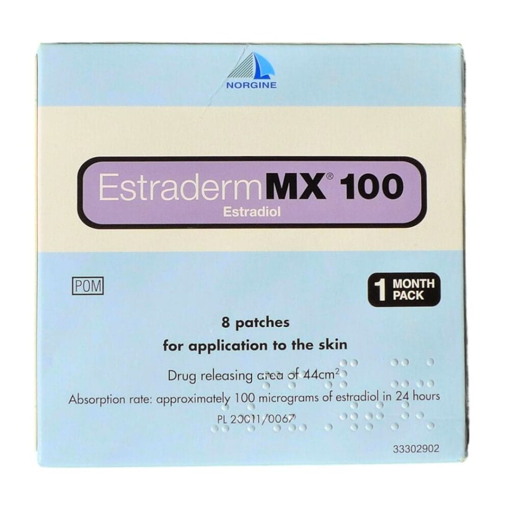 Estraderm MX 50 Transdermal Patch by NoRGINE – Alcohol-Free Matrix Estradiol 50 mcg/day HRT Patch for Menopause, Hot Flushes, Night Sweats and Postmenopausal Osteoporosis