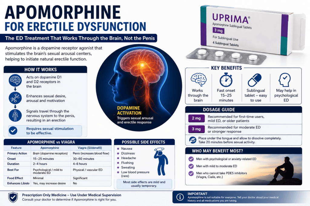 Apomorphine for Erectile Dysfunction infographic showing how Apomorphine stimulates dopamine receptors in the brain to improve sexual arousal and erectile function. Includes dosage guide (2mg and 3mg sublingual tablets), onset time of 15–25 minutes, comparison with Viagra (Sildenafil), benefits for psychological ED, common side effects, and explanation of its brain-based mechanism of action. Medical illustration featuring dopamine activation pathways, Uprima Apomorphine tablets, and men's sexual health information.