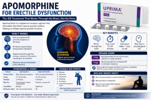 Apomorphine for Erectile Dysfunction infographic showing how Apomorphine stimulates dopamine receptors in the brain to improve sexual arousal and erectile function. Includes dosage guide (2mg and 3mg sublingual tablets), onset time of 15–25 minutes, comparison with Viagra (Sildenafil), benefits for psychological ED, common side effects, and explanation of its brain-based mechanism of action. Medical illustration featuring dopamine activation pathways, Uprima Apomorphine tablets, and men's sexual health information.